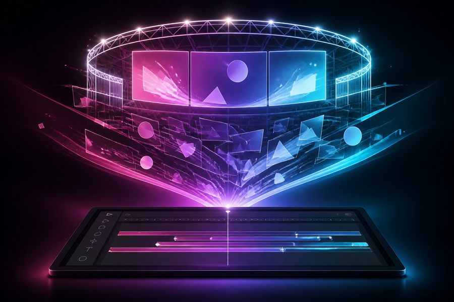 Kreative Illustration von Animationserstellung mit Timeline, Keyframes und Stadion-Videowall