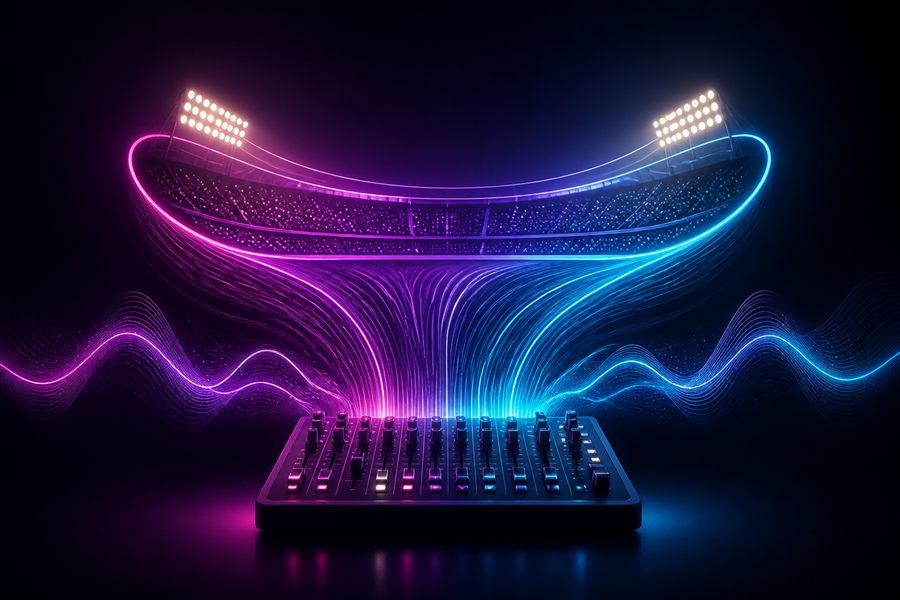 Kreative Illustration von Stadionbeschallung mit Mischpult, Schallwellen und Stadionlicht
